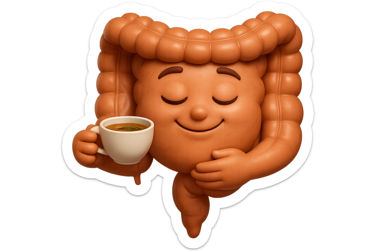 emoji stile iphone 3d di intestino umano sereno che si tocca la pancia mentre sorseggia un thè alle erbe, iperrealistico 4k sticker