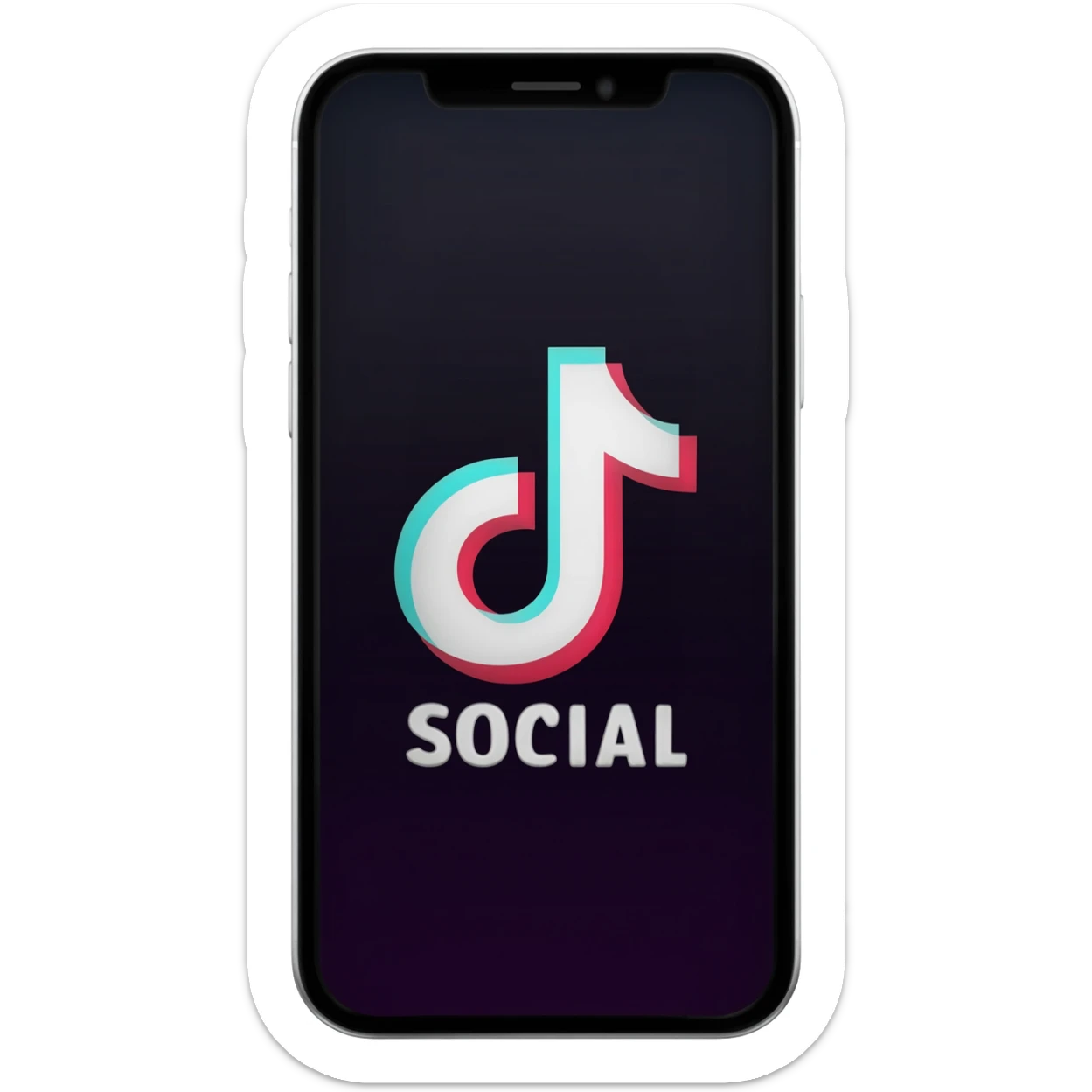iPhone with the word "SOCIAL" on the screen, looking like the TikTok app on-screen layout sticker