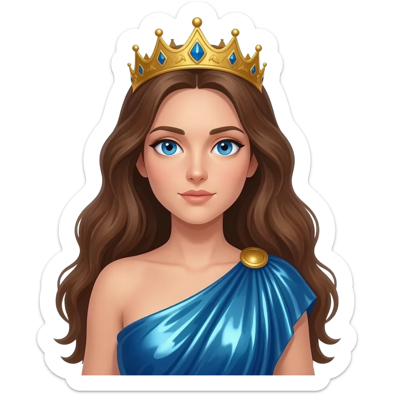 Hera from Greek Mythology with blue eyes, long brown hair, blue metallic peplos sticker