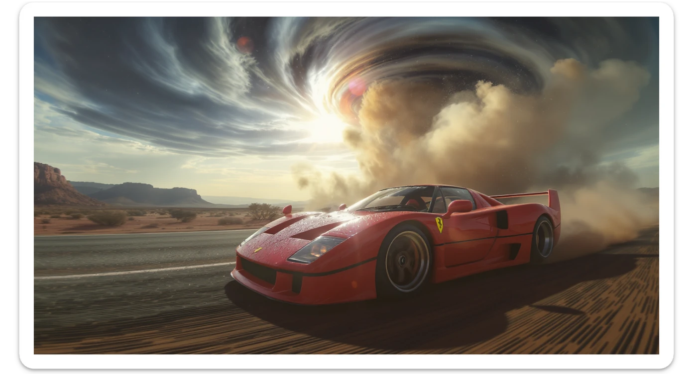 Cinematic still of a ferrari f40 around tornado od arizona desert, sun flare, captured by gopro hero with effect fisheye, water drops on car body, detailed, inspired by interstellar look, captured by a arri alexa, inspired by Wes Anderson sticker