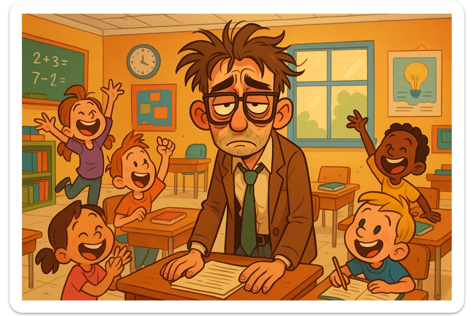 digital cartoon art of a exhausted teacher in a bustling classroom sticker