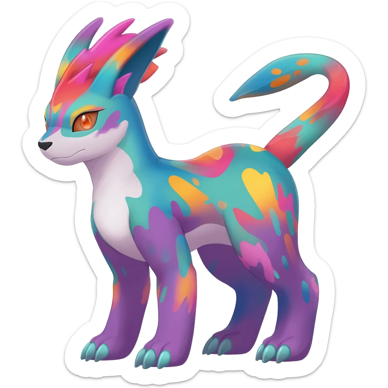 Splash-marked Colorful Patterned Exotic Meloetta-Zeraora-Lombax-Renamon-Protogen-Palkia-hybrid-fusion-Fakémon-creature, full body sticker