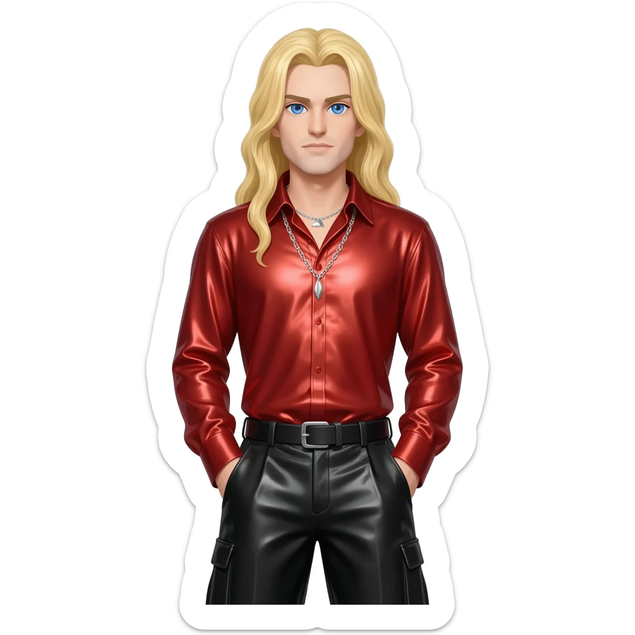 Lestat de Lioncourt with blue eyes, long blonde hair, red metallic shirt, black metallic baggy pants, silver necklace sticker