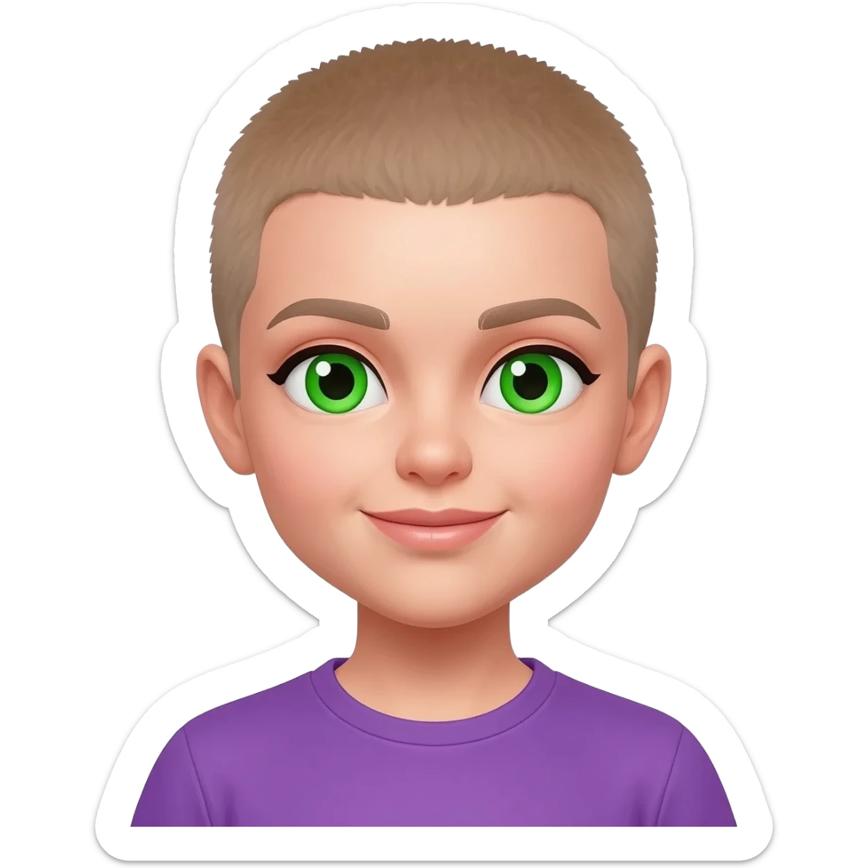 White skin , female, light brown buzzcut, purple shirt, green eyes sticker