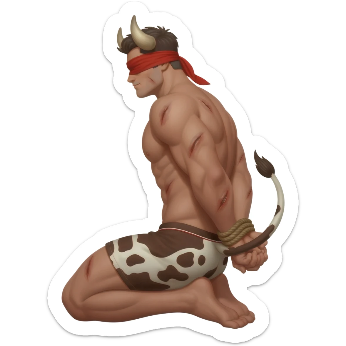 handsome extra large muscular man covered with scars with large breasts with bull horns and cow ears and bull tail with red blindfold dressed in thongs with brown cow print sits on his knees with hands tied behind the bback side view sticker