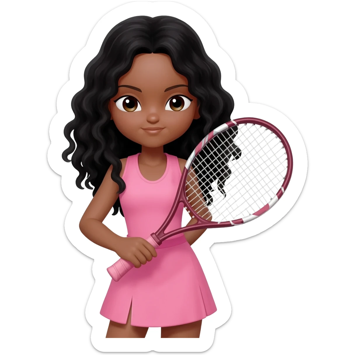 Tennis girl with long black curly wavy hair With pink dress and racket sticker
