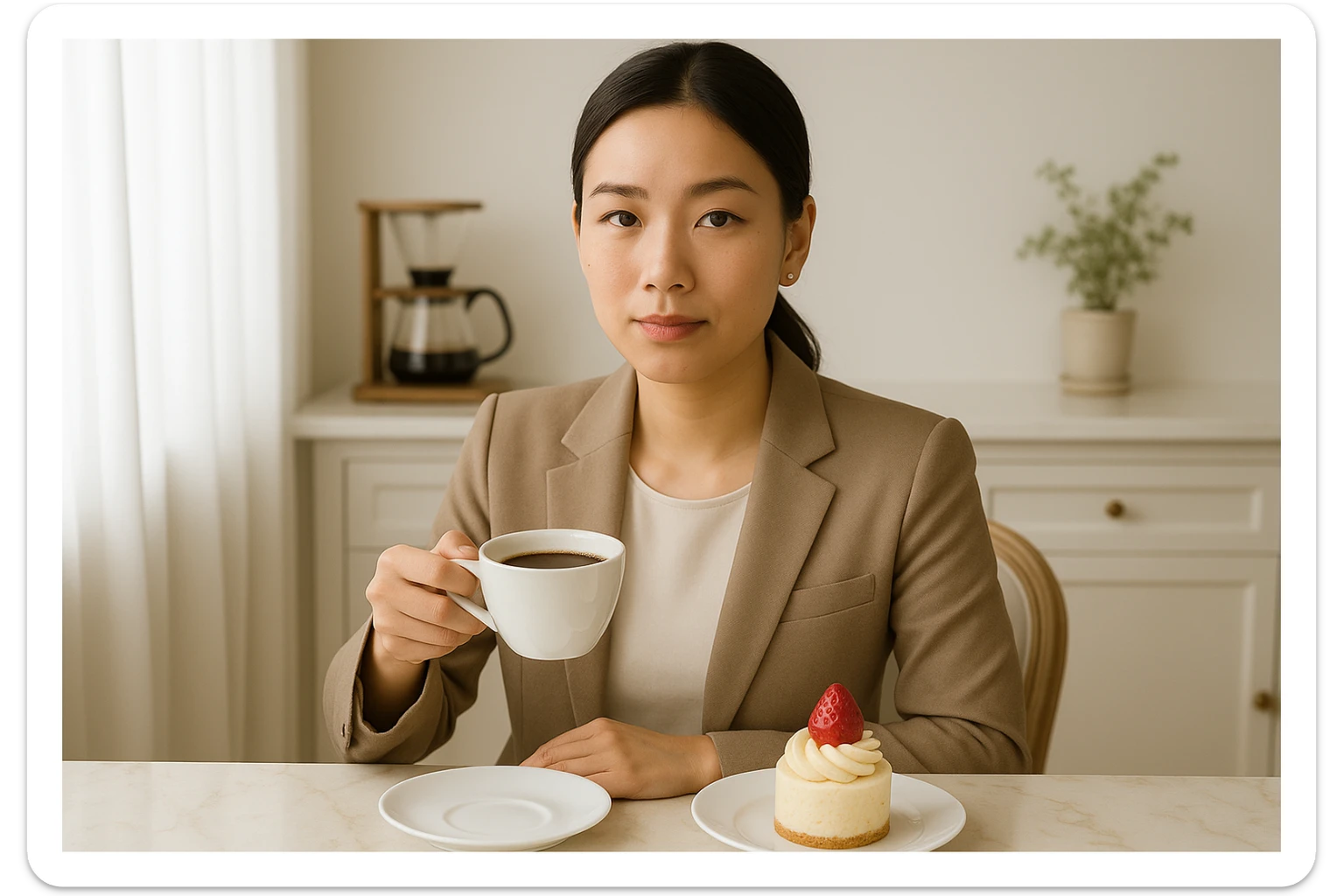 A sophisticated and premium atmosphere portrait of an Asian woman aged 25-35, visible from the upper body, enjoying drip coffee and dessert. She is a premium home cafe enthusiast with a professional and quality-focused expression. The background is clean and bright. The style should reflect a refined, elegant, and high-quality home cafe scene. sticker