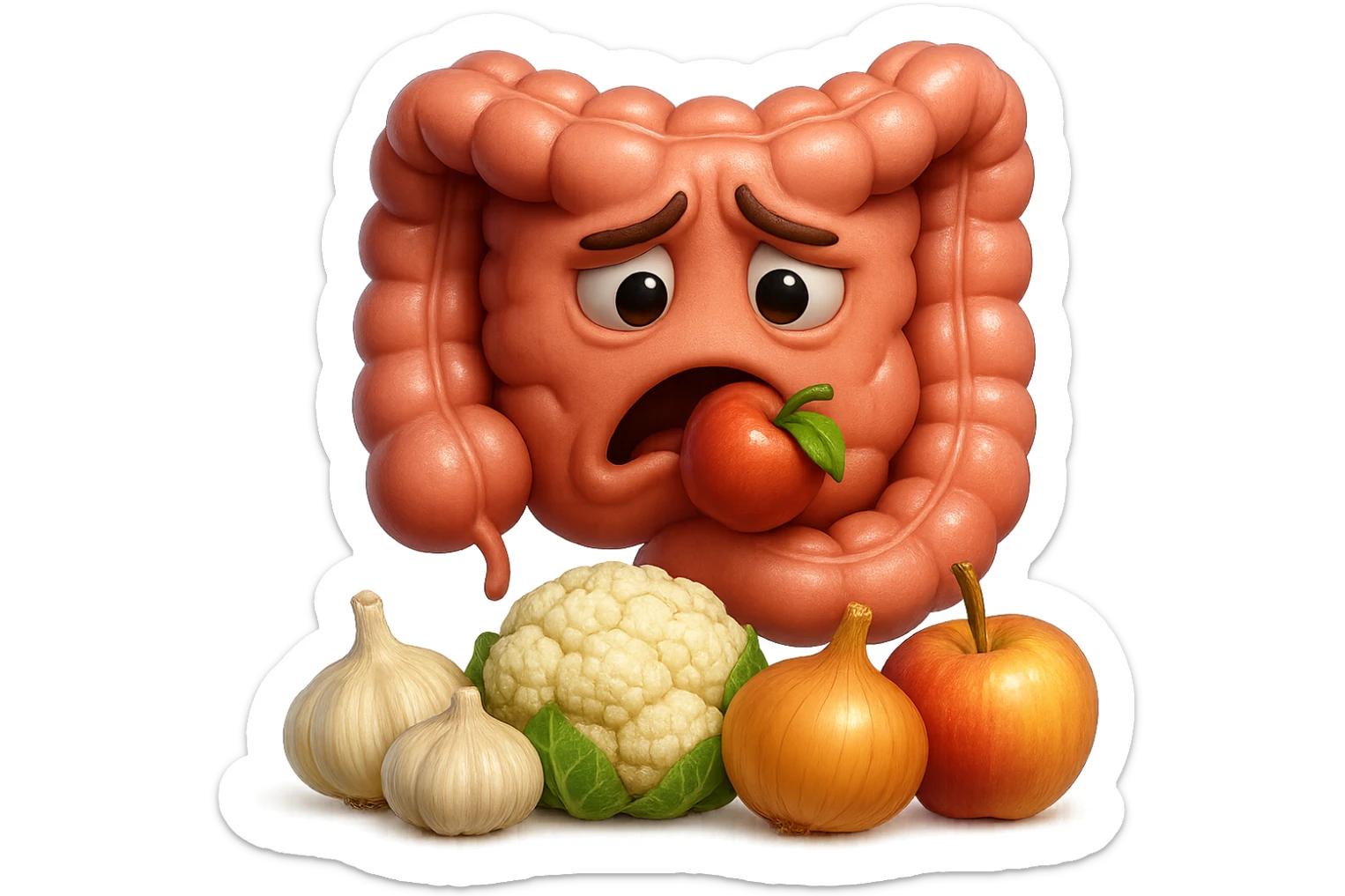 EMOJI STILE IPHONE DI UN INTESTINO UMANO IN CRISI PERCHé STA MALE, IN BOCCA HA UNA MELA E DAVANTI A LUI C'è UNA MONTAGNA DI aglio, cipolle, cavolfiore e mele, IPERREALISTICO 4K sticker