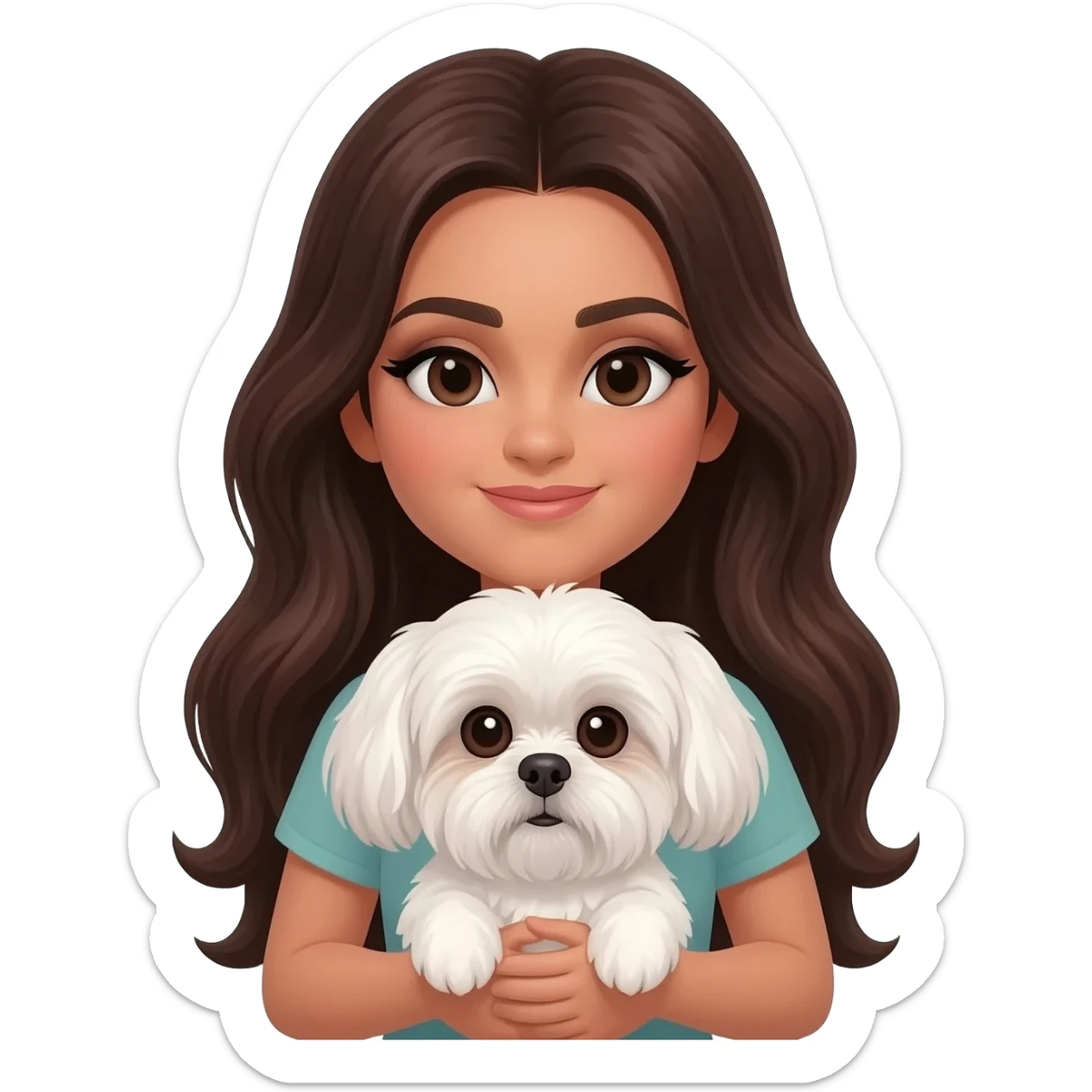 Tanned middle eastern Brunette girl with long thick hair and eyeliner, holding white boy shih tzu sticker