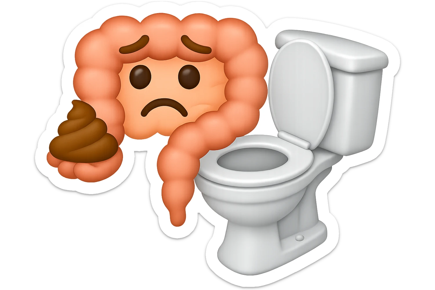 emoji stile iphone di un intestino che esce dal wc con in mano una montagnetta di feci con espressione triste a palline sticker