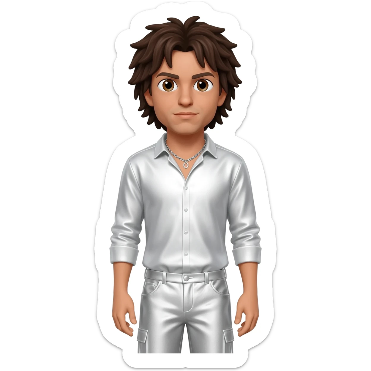 Howie Dorough with light tan skin, brown eyes, dark brown hair, white metallic shirt, white metallic baggy pants, silver necklace sticker