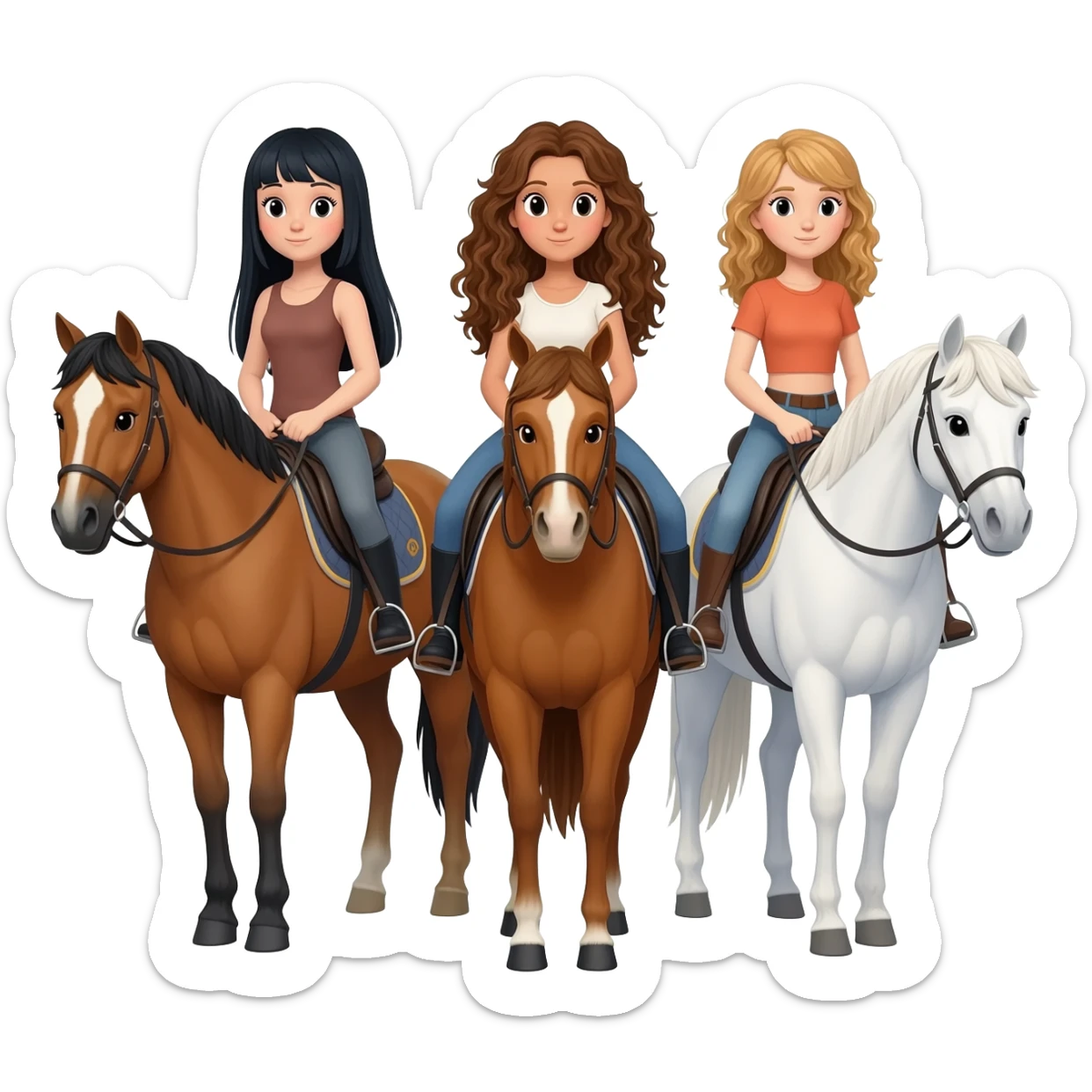 Three horses white bay and sorrel with three riders on the bay horse a girl with dark straight hair on the sorrel horse a girl with wavy brown hair and on the white horse a girl with sandy hair sticker