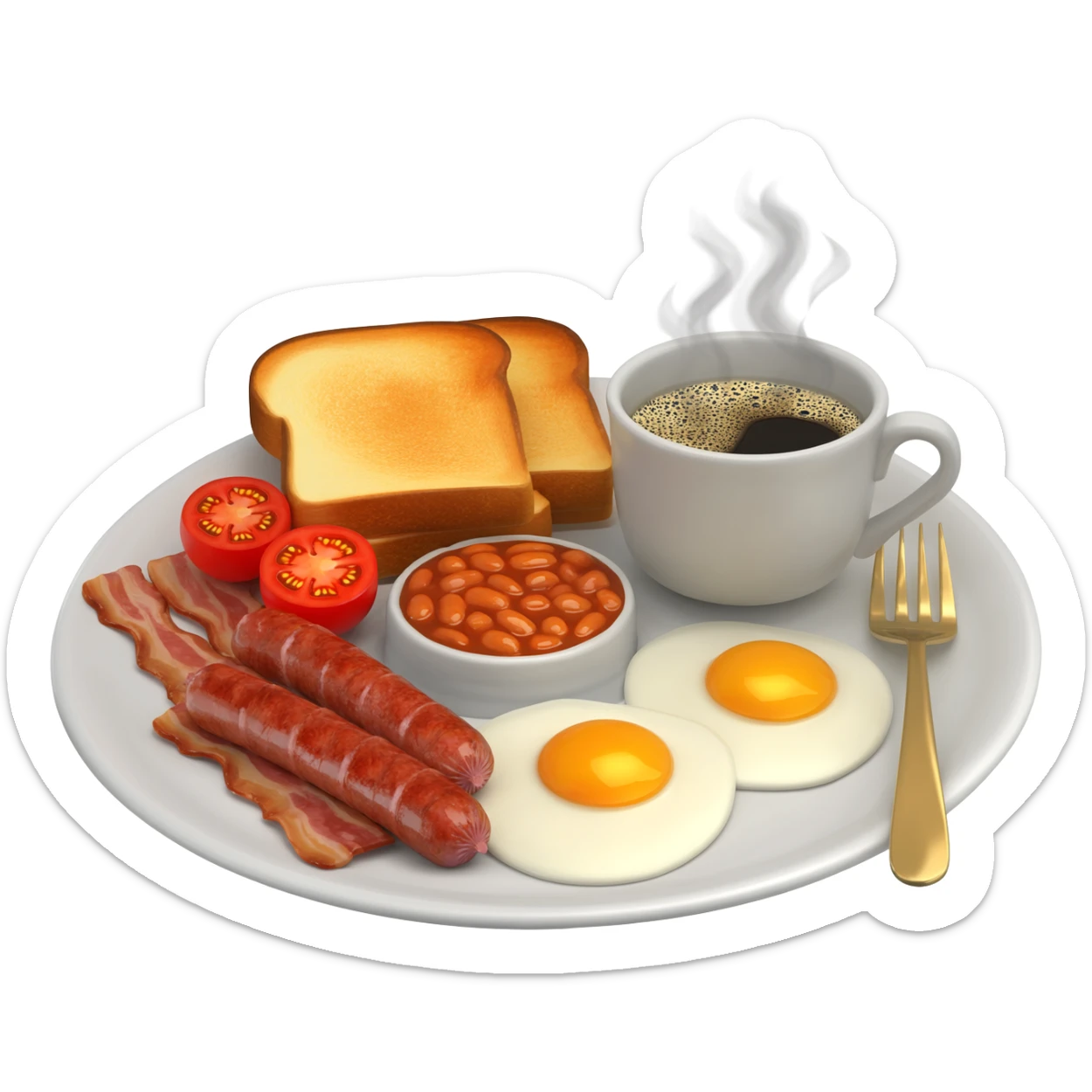 English breakfast full English breakfast with two eggs, bacon, sausage, beans, toast, and tomato оn a beautiful white plate with a gold fork and cup of coffee side view sticker
