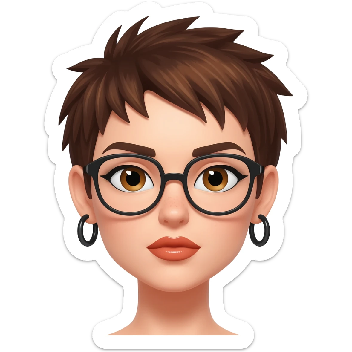 Female very very short brown hair few spikes brown eyes hoop earrings hoop earrings glasses full lips sticker