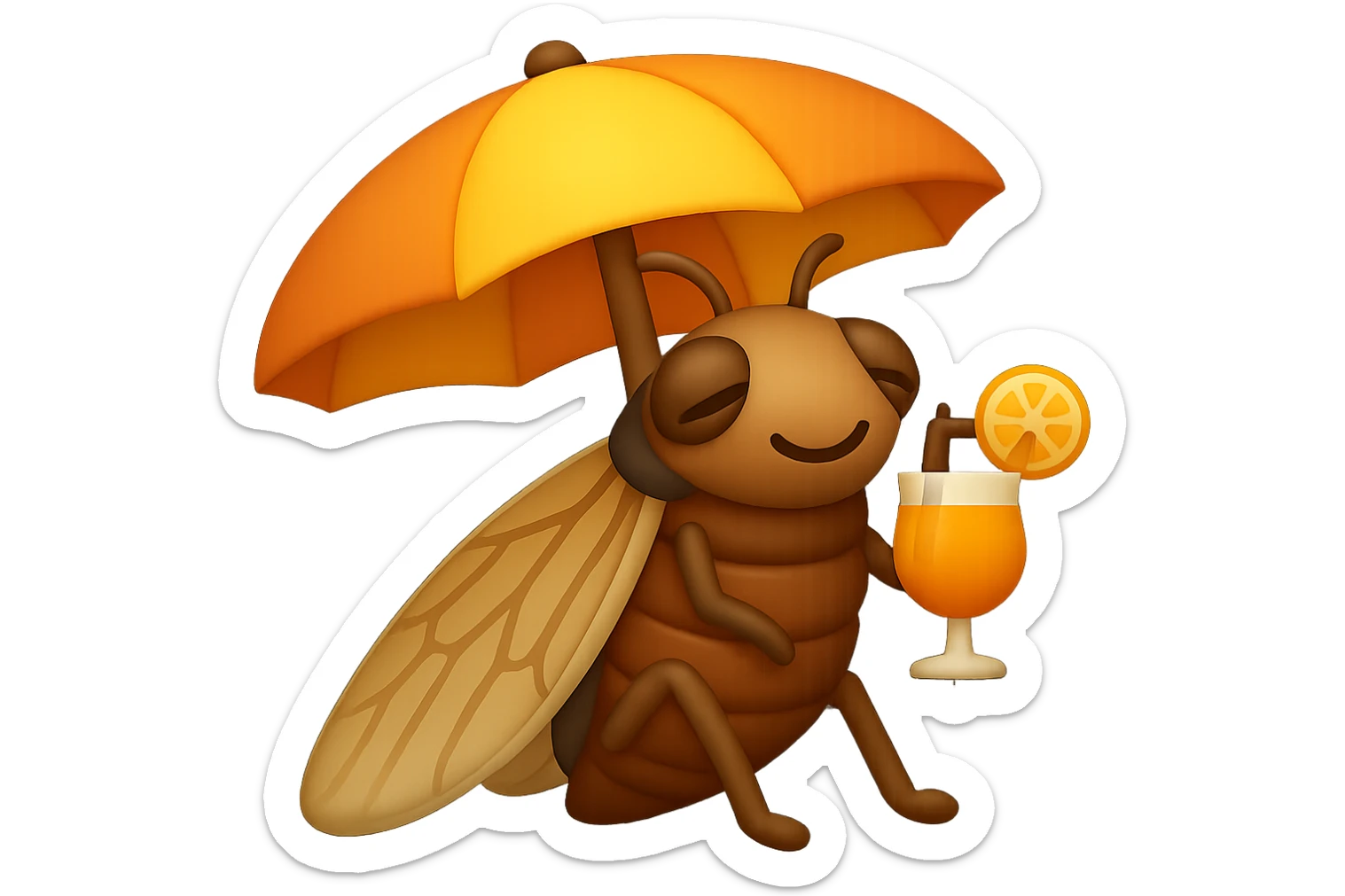 EMOJI STILE IPHONE 3D DI UNA CICALA CHE STA RILASSATA SEDUTA SOTTO L'OMBRELLONE IN SPIAGGIA CON UN COCKTAIL IN MANO sticker