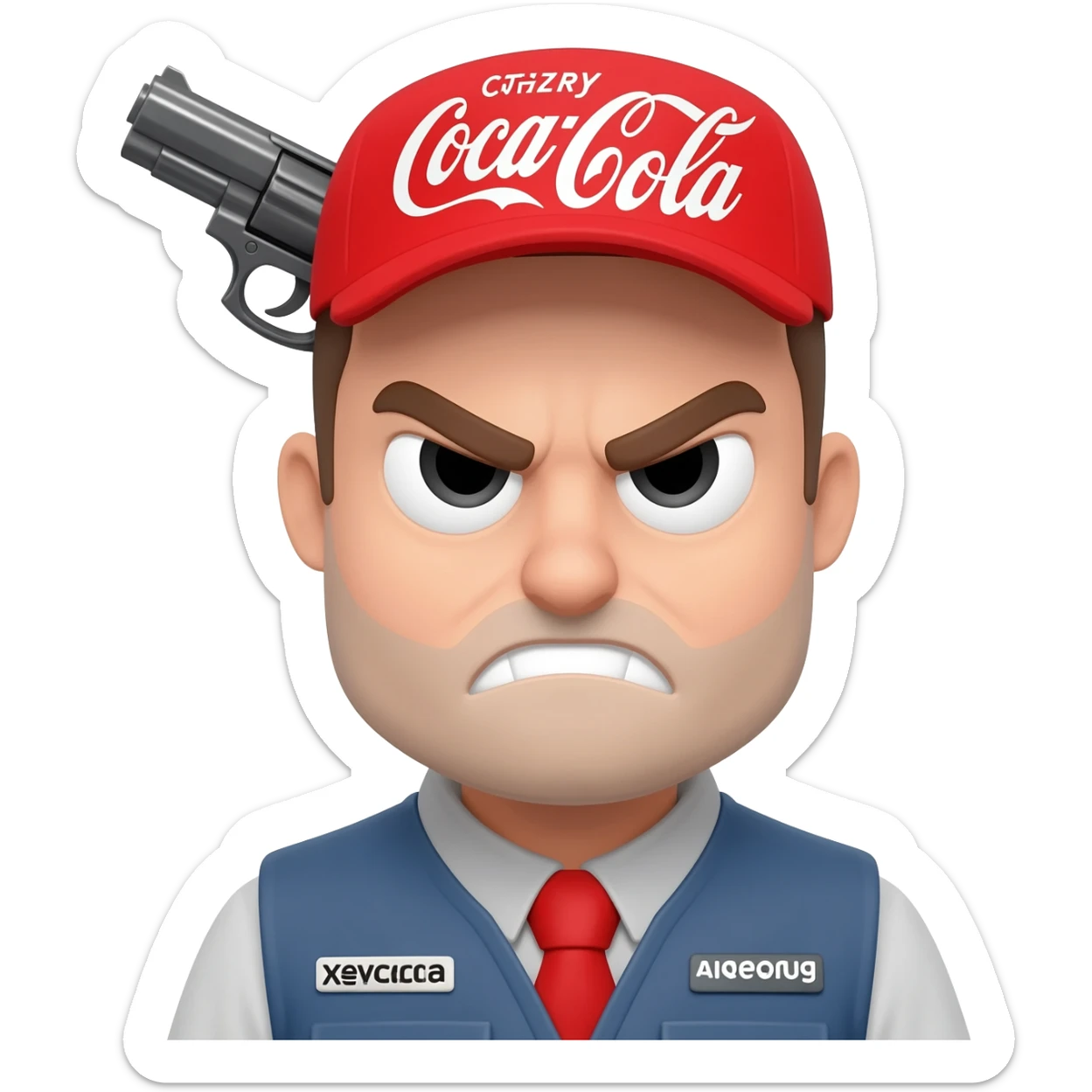 grumpy coca-cola guy with a gun on his head sticker