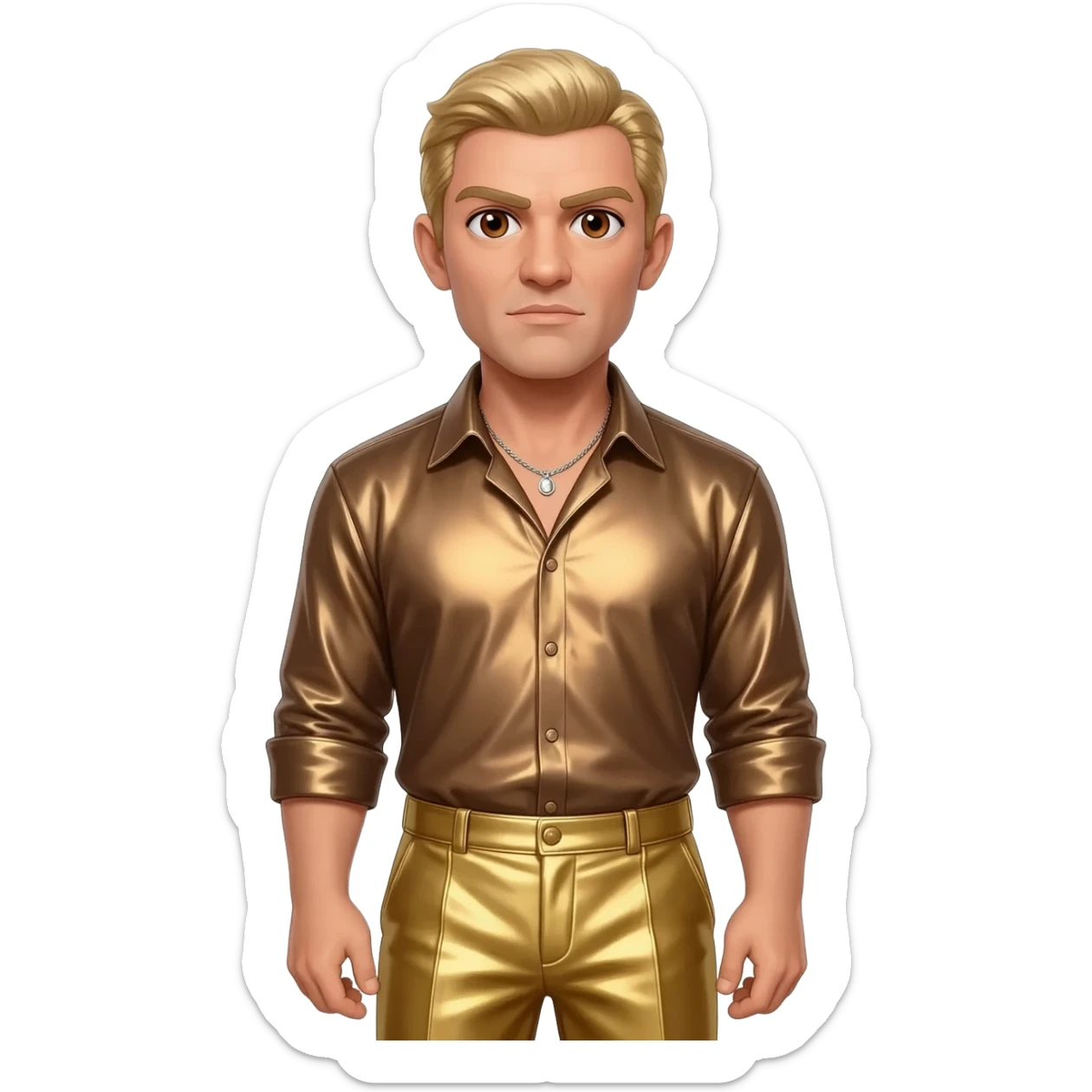 Auric Goldfinger from James Bond with brown eyes, blonde hair, bronze metallic shirt, gold metallic baggy pants, silver necklace sticker