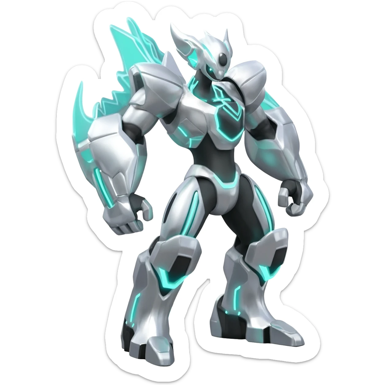 Futuristic shiny silvery neon glowing alloy Helioptile-Kyurem-Miraidon-l-Pokémon, full body sticker