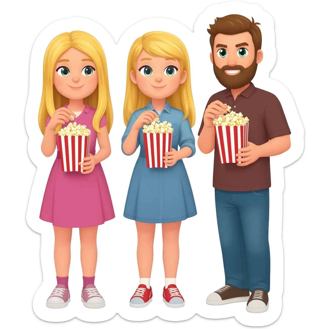 2 girls blonde girls and a guy with a beard standing eating popcorn sticker