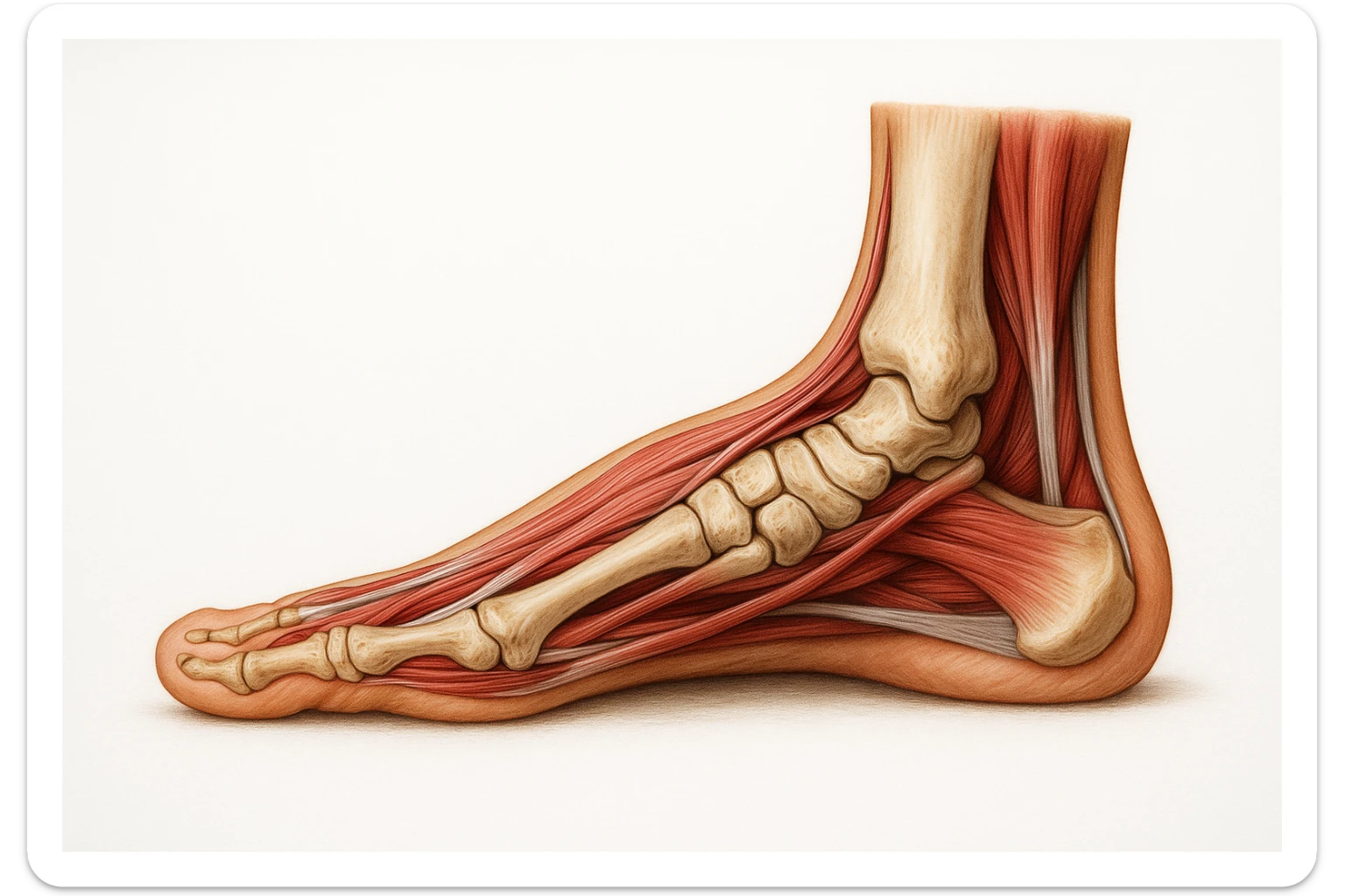 PIEDE UMANO ANATOMICO CON PIANTA PIATTA, VISTO DI PROFILO, CON FASCI MUSCOLARI E OSSA VISIBILI, REALISTICO 4K SFONDO BIANCO sticker