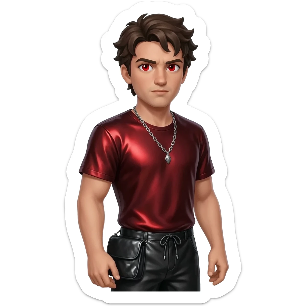 Ares from Greek Mythology with red eyes, dark brown hair, dark red metallic shirt, black metallic baggy pants, silver necklace sticker