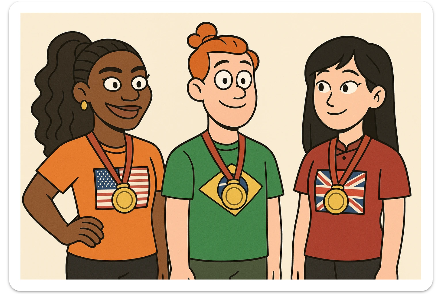 Serena Williams American shirts girl Orange bun hair a Brazil shirts boy brown Chinese shirt Chinese girl black hair United Kingdom shirt Defined Waves hair sports medal  sticker