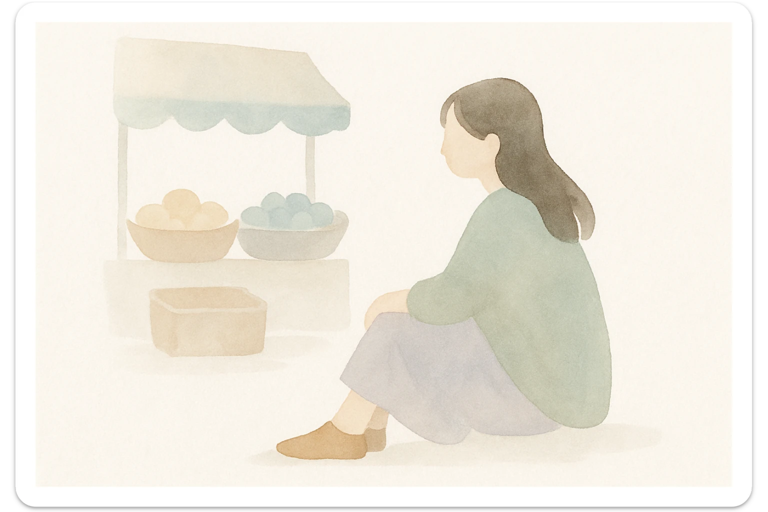 girl sitting on the marketplace, watercolor art style sticker