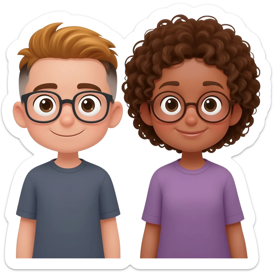 boy half haired with glasses, girl curly hair with glasses happy sticker