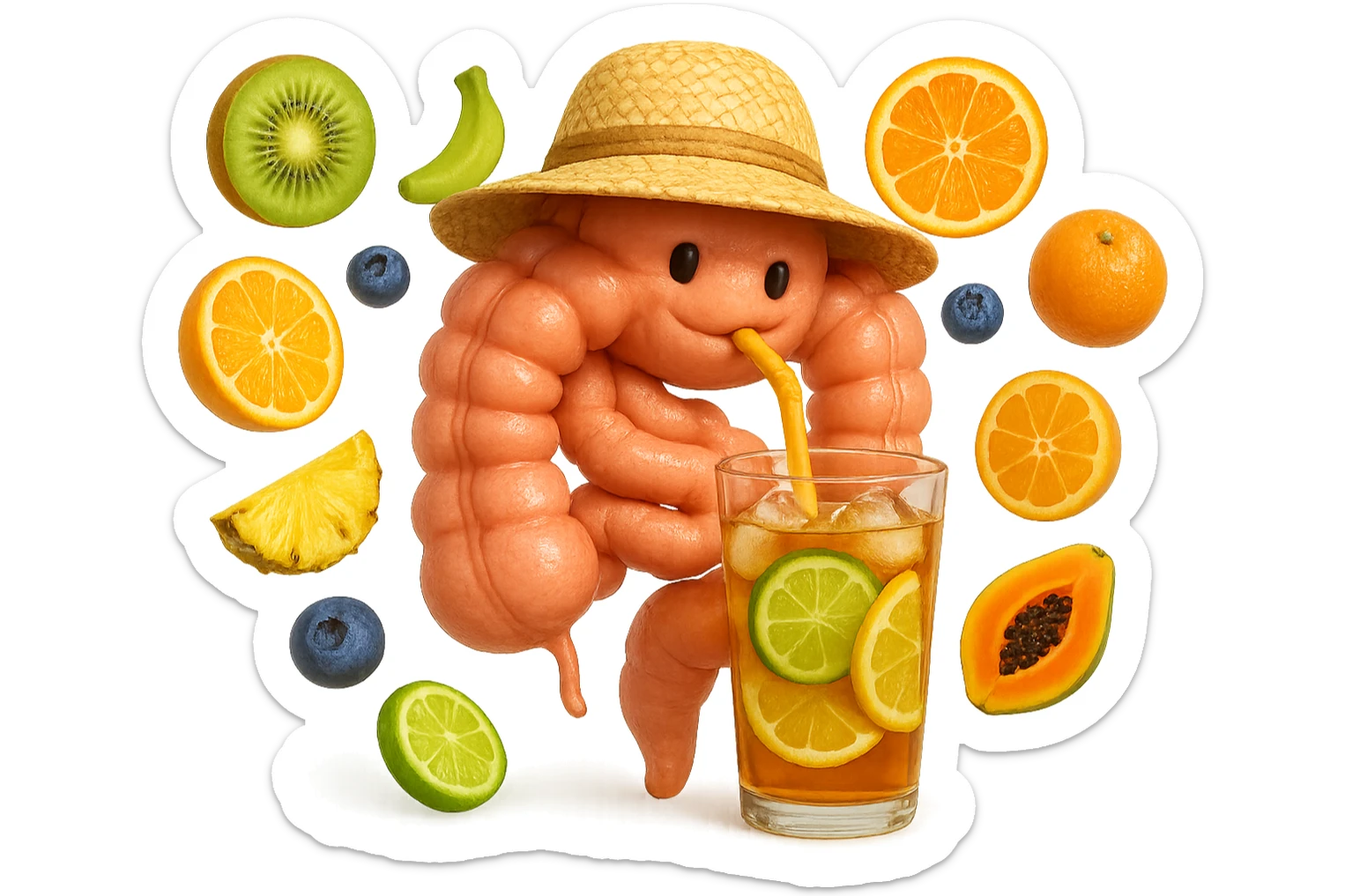 EMOJI STILE IPHONE DI INTESTINO UMANO REALISTICO CON CAPPELLO DI PAGLIA DA SPIAGGIA CHE BEVE UN Tè FREDDO IN BICCHIERE DI VETRO CON DENTRO  fette di cetriolo, limone, lime, DIETRO L'INTESTINO FLUTTUANO PEZZETTI DI Kiwi
Banana acerba
Arance e mandarini
Mirtilli
Ananas
Papaya
IPERREALISTICO 4K sticker
