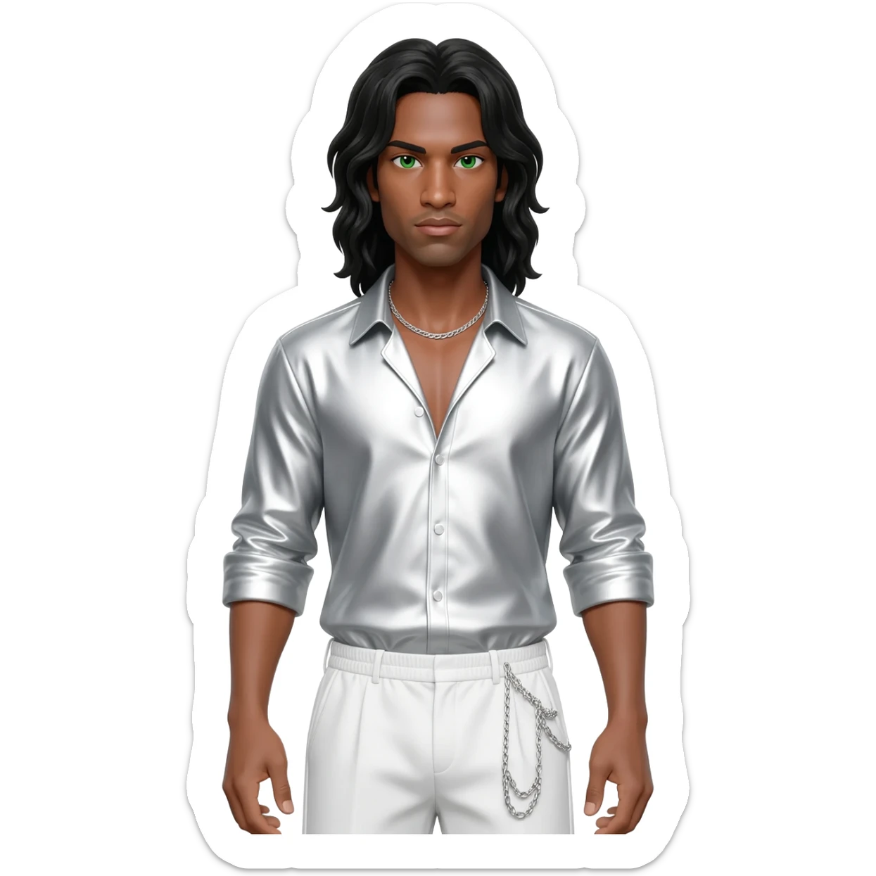 Kevin Richardson with green eyes, long black hair, white metallic shirt, white metallic baggy pants, silver necklace sticker