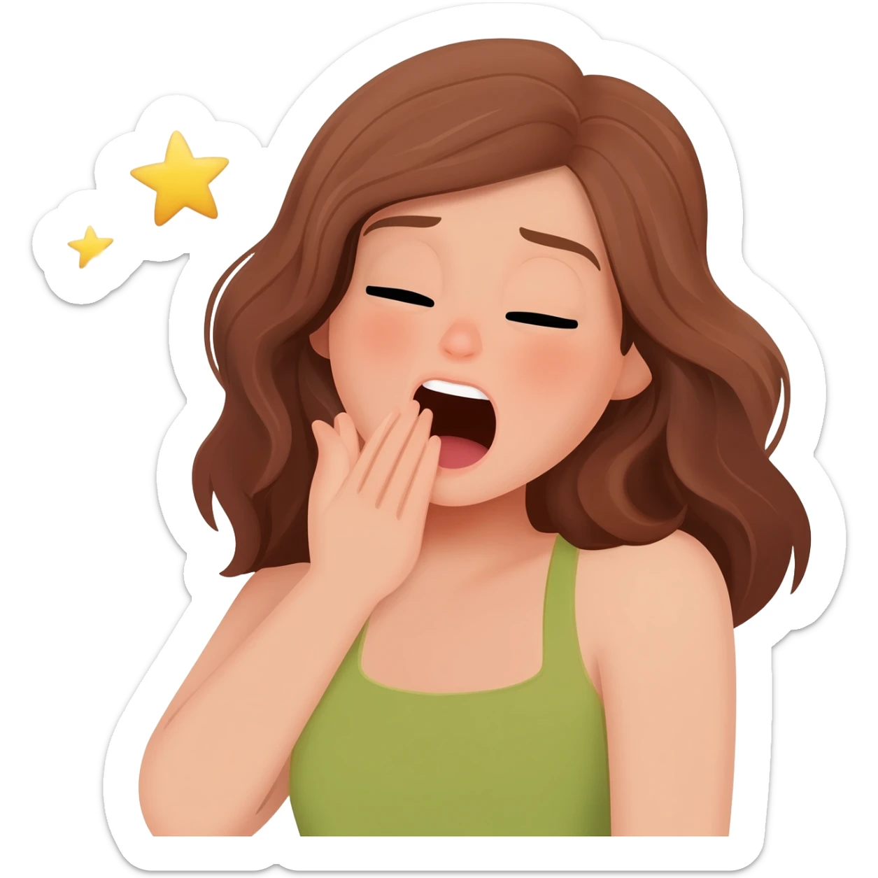 cara despertando, ella bosteza tiene el pelo café y tez blanca sticker