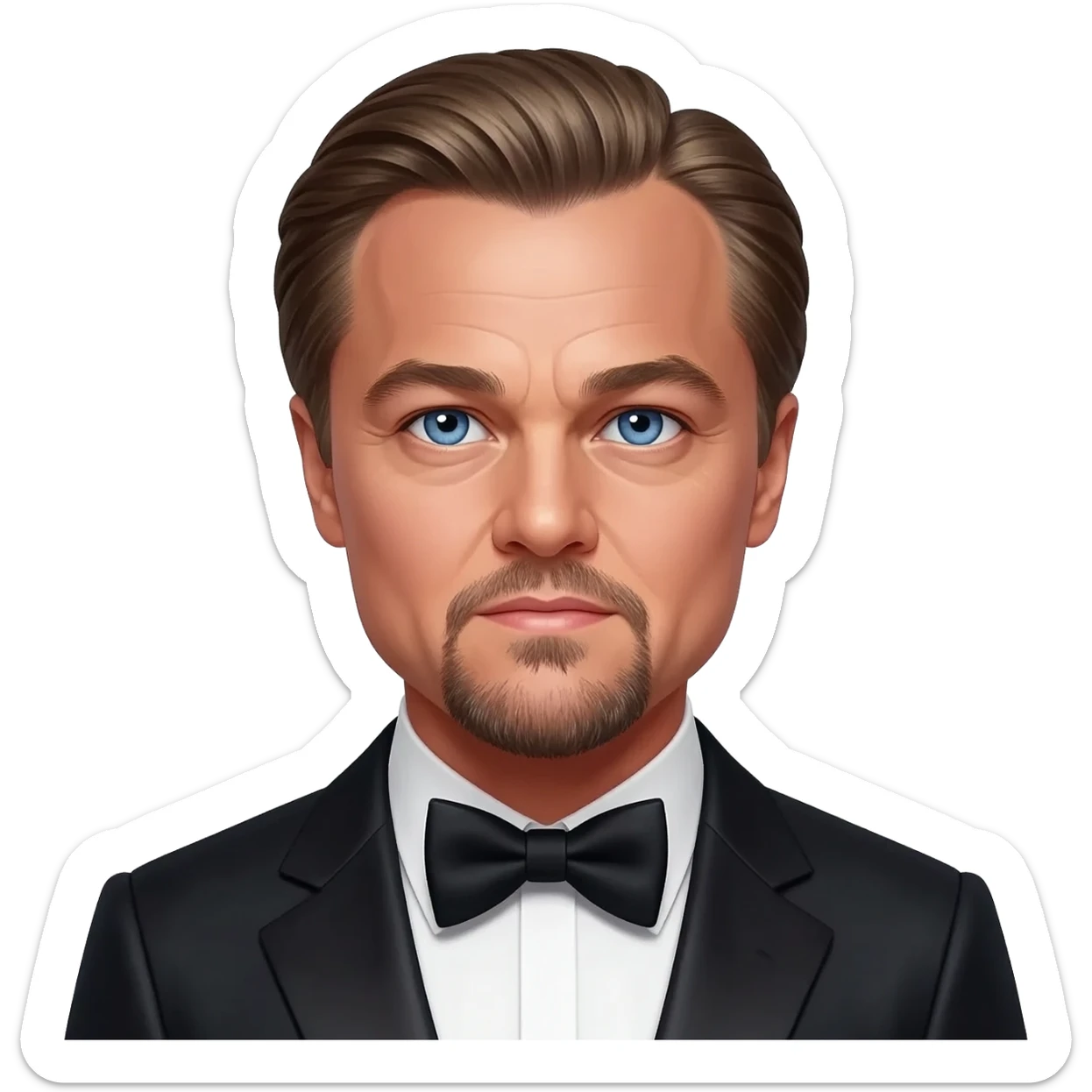 Leonardo DiCaprio with blue eyes, dark blonde hair, black metallic suit with bow tie sticker