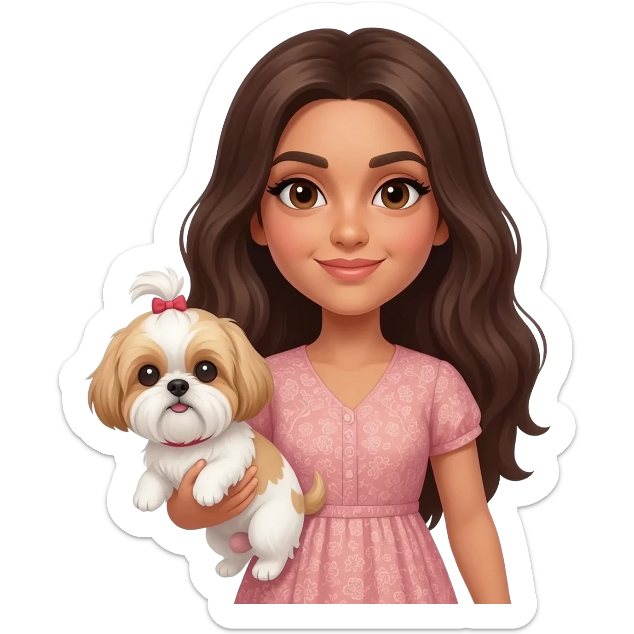 More Tanned middle eastern Brunette girl with long thick hair and eyeliner, holding white and golden boy shih tzu sticker