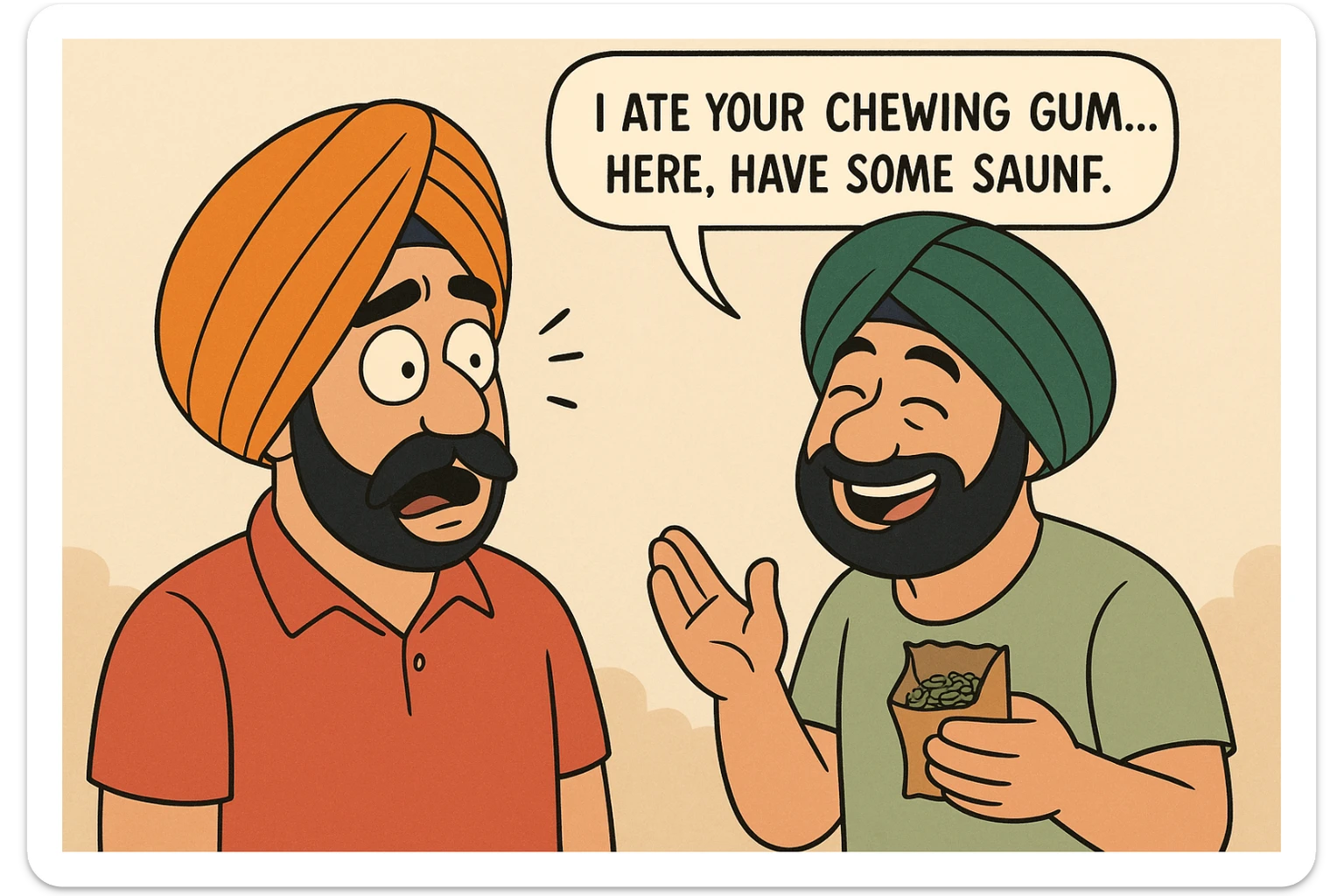 comic-style illustration of a Sardar with a mustache and turban, surprised expression, another character admits to eating his chewing gum and offers saunf in return, humorous expression sticker
