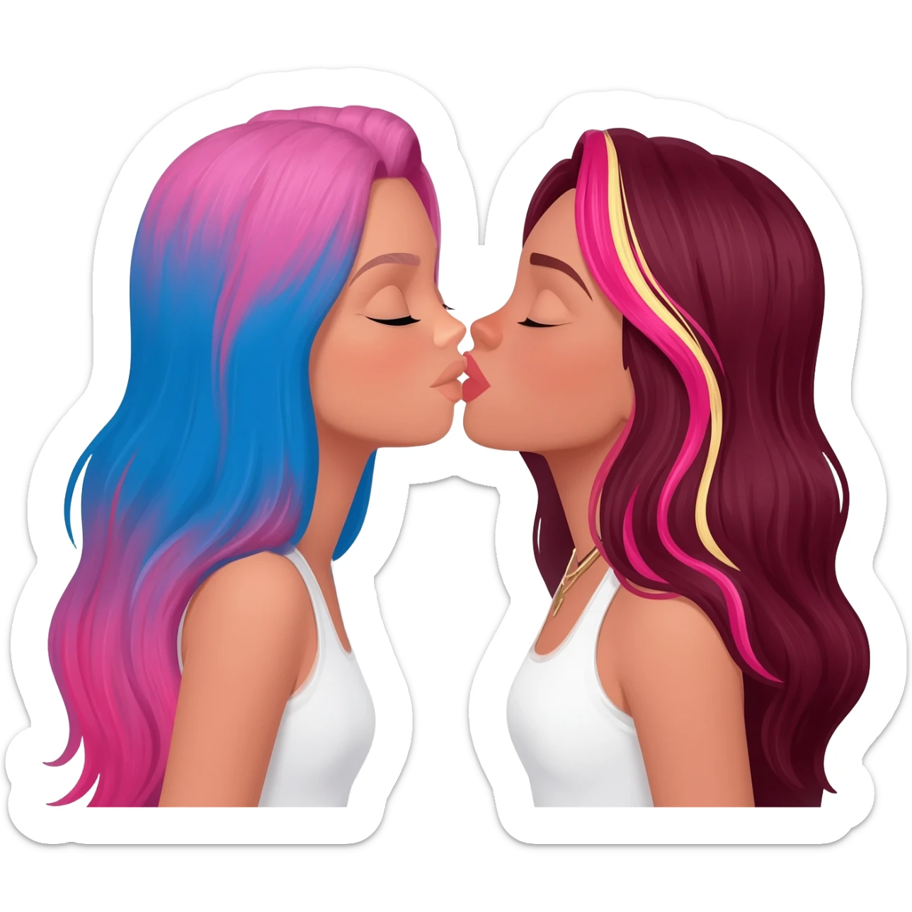 white, femme lesbians kissing, one has long blue and pink hair, the other has long burgundy hair with streaks of blonde and pink at the front sticker
