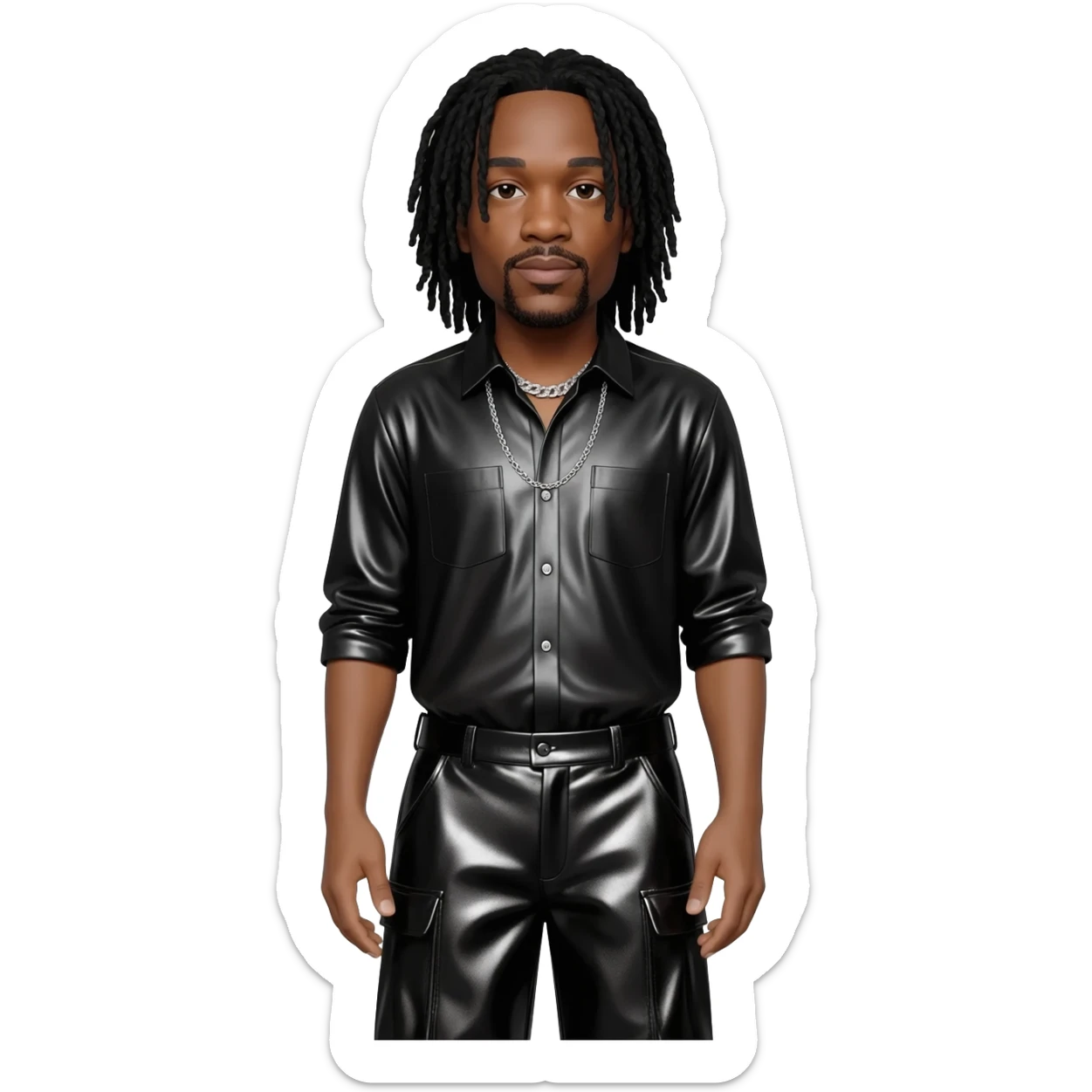Jay Z with long black hair, black metallic shirt, black metallic baggy pants, silver necklace sticker