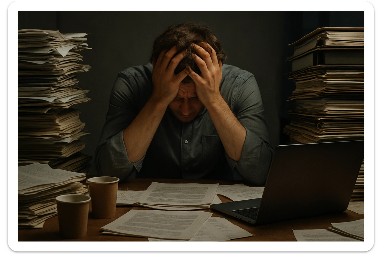 A person sitting at a desk with their head in their hands, surrounded by piles of work, symbolizing burnout and stress. sticker