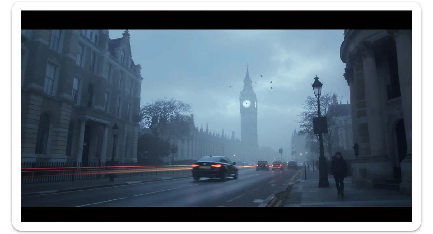 Cinematic shot of a london street, cloudy foggy day, soft light, car flying, leading lines to big ben in distance, multi composition, in foreground blurred car, on second street around UK bulding, od another plan in distance big ben, birds flying, artistic look, captured on arri alexa 35, blue hour sticker