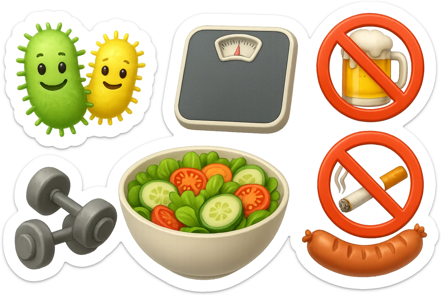 emoji stile iphone di: due batteri intestinali felici, una bowl di insalata, una bilancia pesapersone, manubri da palestra, e un boccale di birra con divieto 3d sopra, una sigaretta con divieto 3d sopra e un wurstel con divieto 3d sopra, fluttuano in aria, iperrealistico 4k sticker