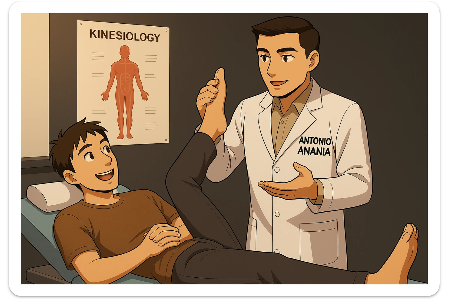 su questo lettino rappresenta un webtoon manga a colori con questo stile, in cui un uomo è steso sul lettino medico e il kinesiologo con il camice bianco (fagli anche la scritta "ANTONIO ANANIA" SUL CAMICE, gli solleva una gamba per fargli il test neuromuscolare, IL KINESIOLOGO SPIEGA ALL'UOMO UNA cosa mentre gli alza la gamba. l'espressione dell'uomo è felice e soddisfatta, non fare i fumetti però, fai solo in modo che sembri stiano parlando sticker