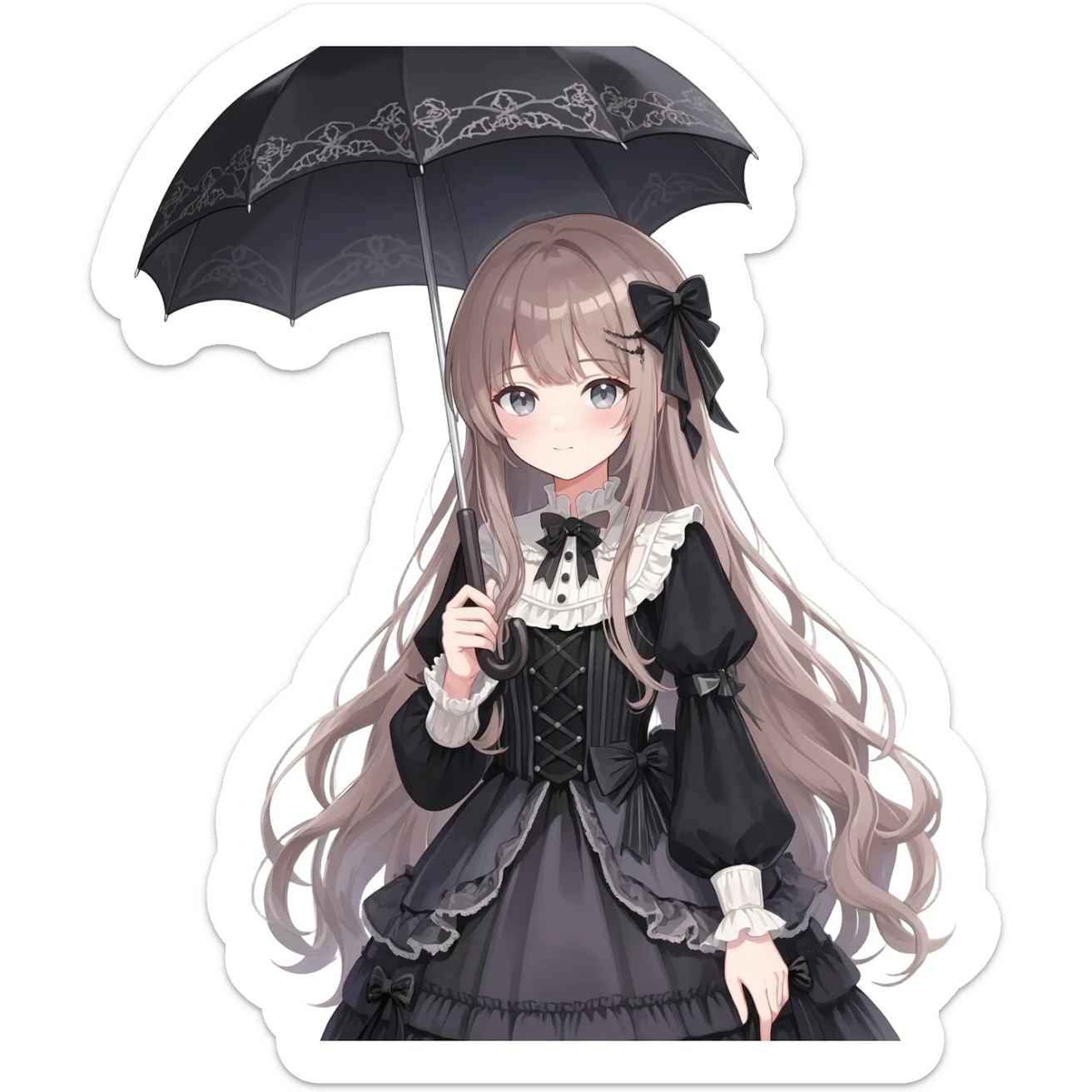 Beautiful pretty Victorian gothic Lolita lady, anime style, gorgeous hair, beautiful dress, holding umbrella sticker