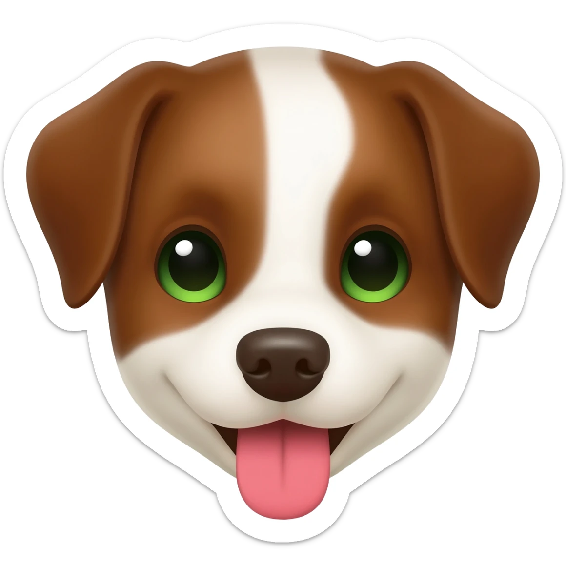 Crea un emoji de un perrito marrón con blanco con las orejas puntiagudas pero caídas y de ojos verdes sacando la lengua sticker