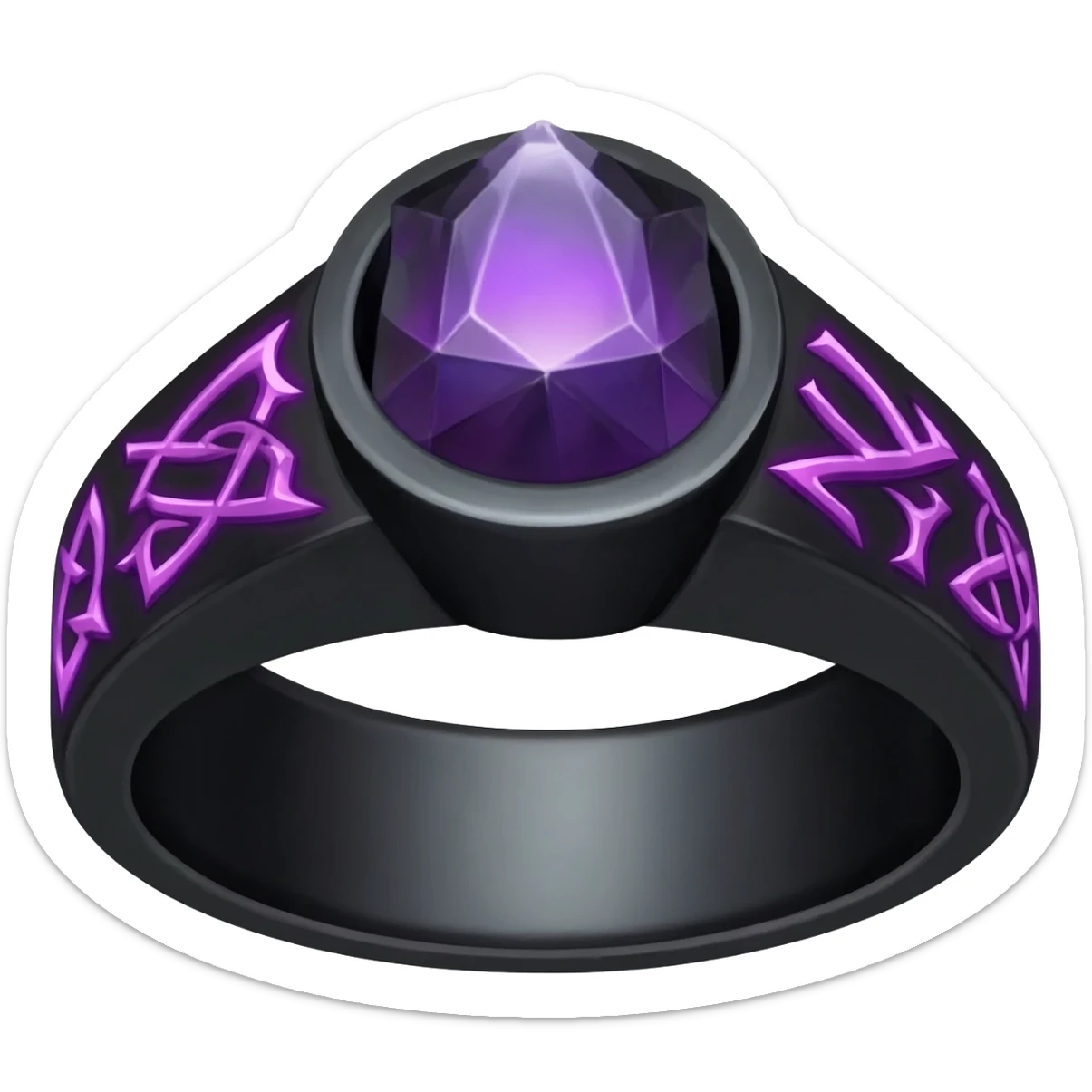 A Obsidian ring, With a glowing dark magical crystal in the center, with intricate pagan runes carved into the sides that glow purple sticker