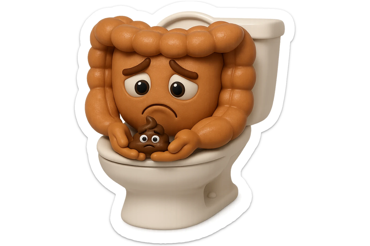 emoji stile iphone di un intestino realistico 3d che esce dal wc con in mano una montagnetta di feci con espressione triste a palline, iperrealistico 4k sticker