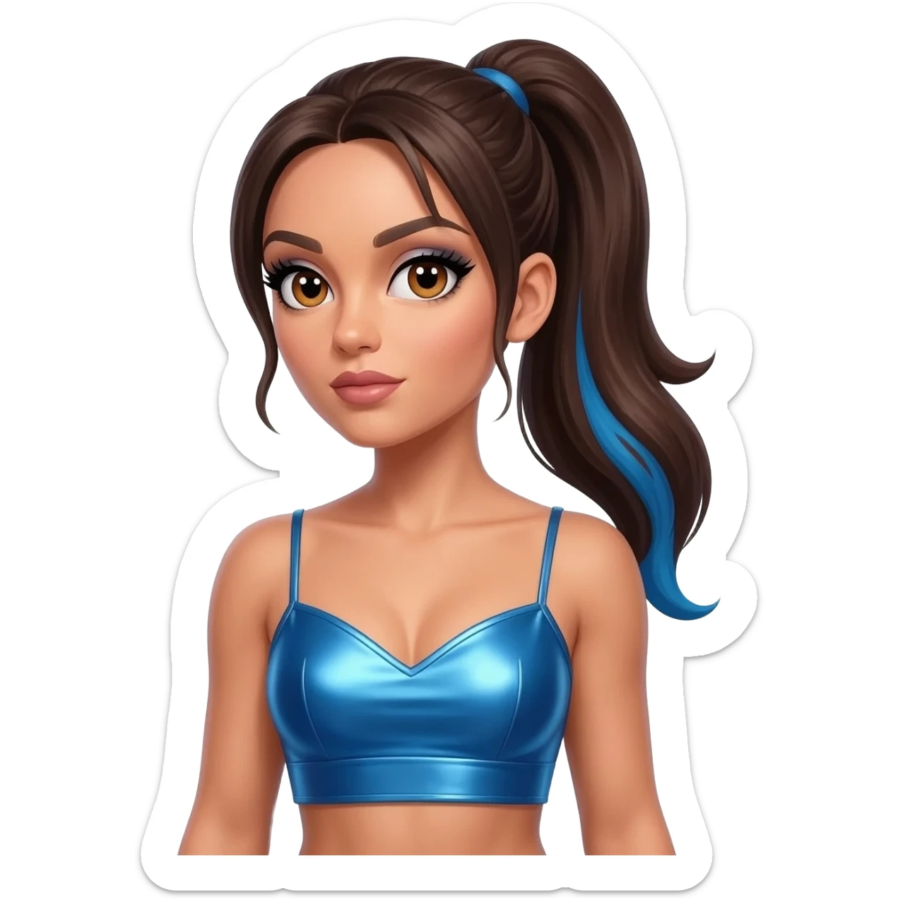 Sporty Spice from Spice Girls with hazel eyes, long dark brown ponytail hair with blue highlights, blue metallic sweetheart crop top sticker