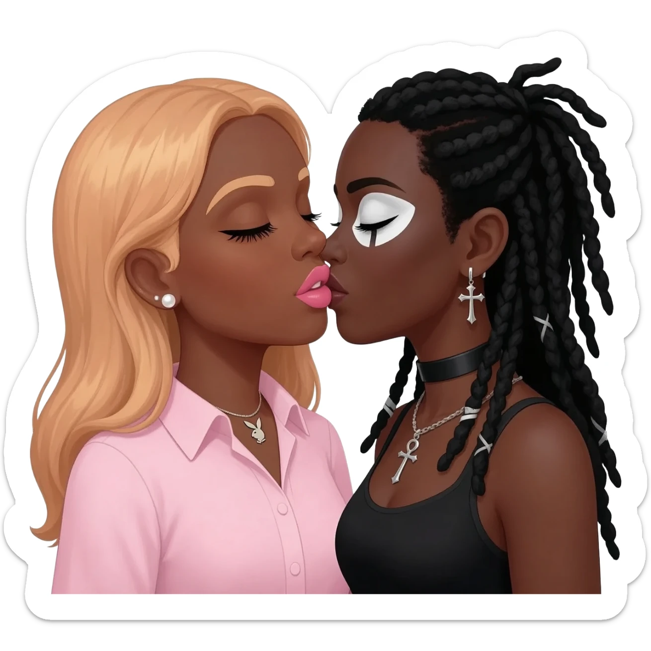 (Bimbo, pearl earrings stud, Light pink cute lips, long middle part with long light ginger hair, dark brown skin, playboy necklace with lashes, light pink shirt, kissing the goth black girl with brown skin, cross earrings, ankh necklace with black dreadlocks with white paint on face sticker