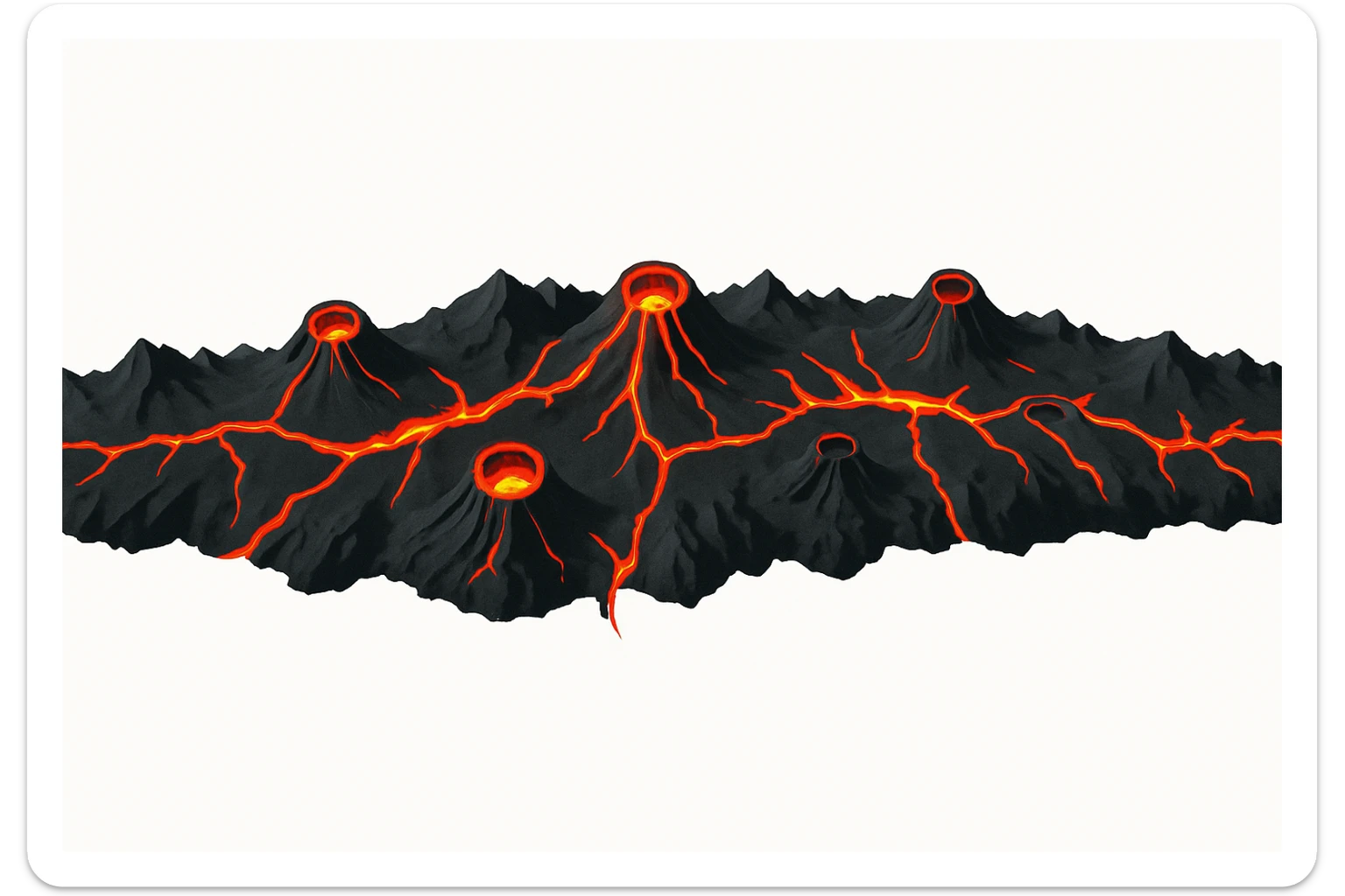 Top-down orthographic view (strictly from above) of a volcanic mountain belt strip designed as a map overlay. A long curved ridge line made of dark rocky mountains, with several small volcano cones along the strip. Bright red-orange lava cracks and glowing magma seams running through the ridge, symbolizing a tectonic plate boundary and magma being pushed upward. Clean infographic style, sharp silhouette, high contrast, minimal details, no perspective, no depth tilt, no horizon. Isolated single object centered on a pure white background (#FFFFFF). No text, no labels, no watermark. 4K, wide horizontal banner composition. sticker