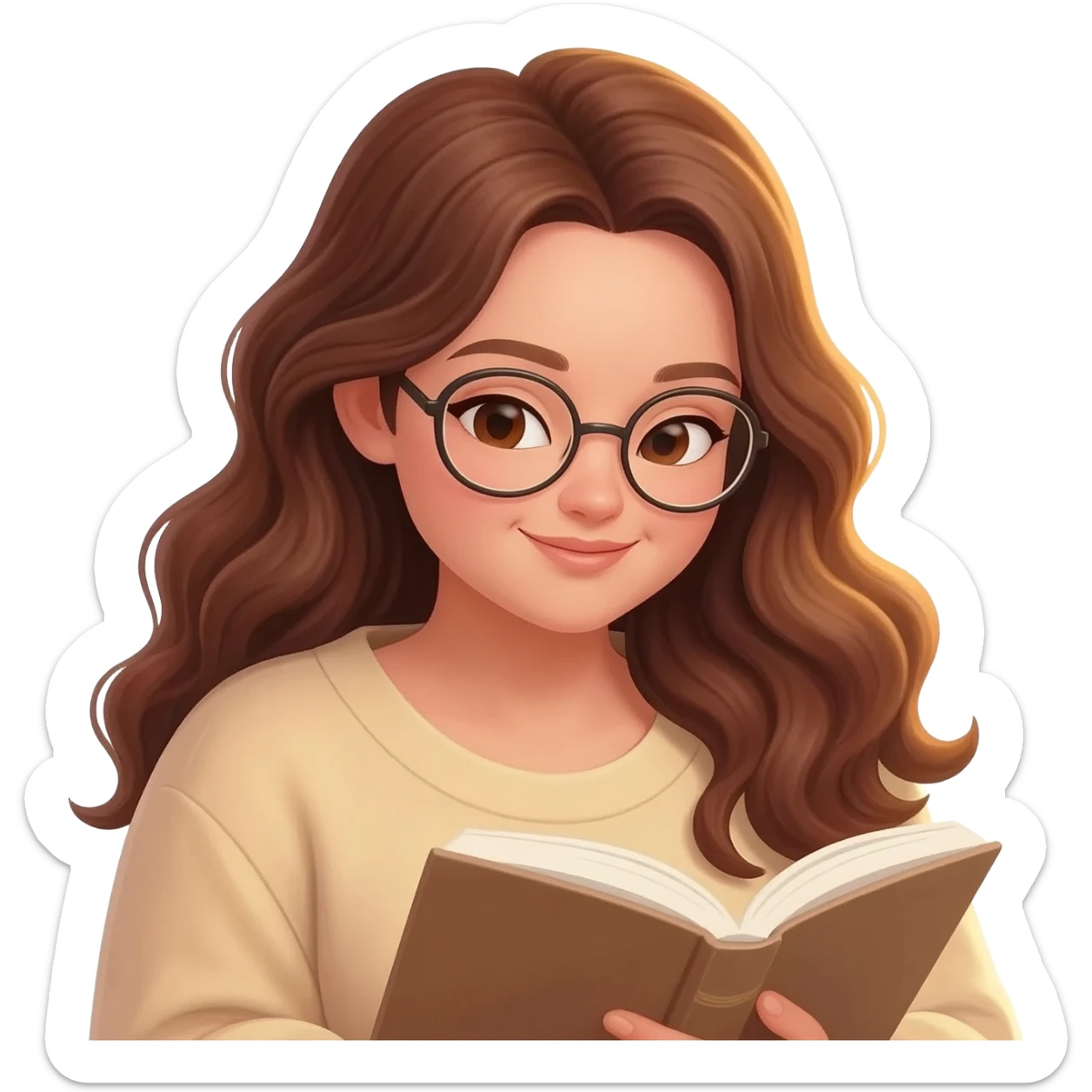 detailed emoji illustration of a curvy woman with long chestnut brown wavy hair, light brown eyes and round glasses, sitting comfortably and reading a book, warm sunlight, peaceful atmosphere, emoji style sticker