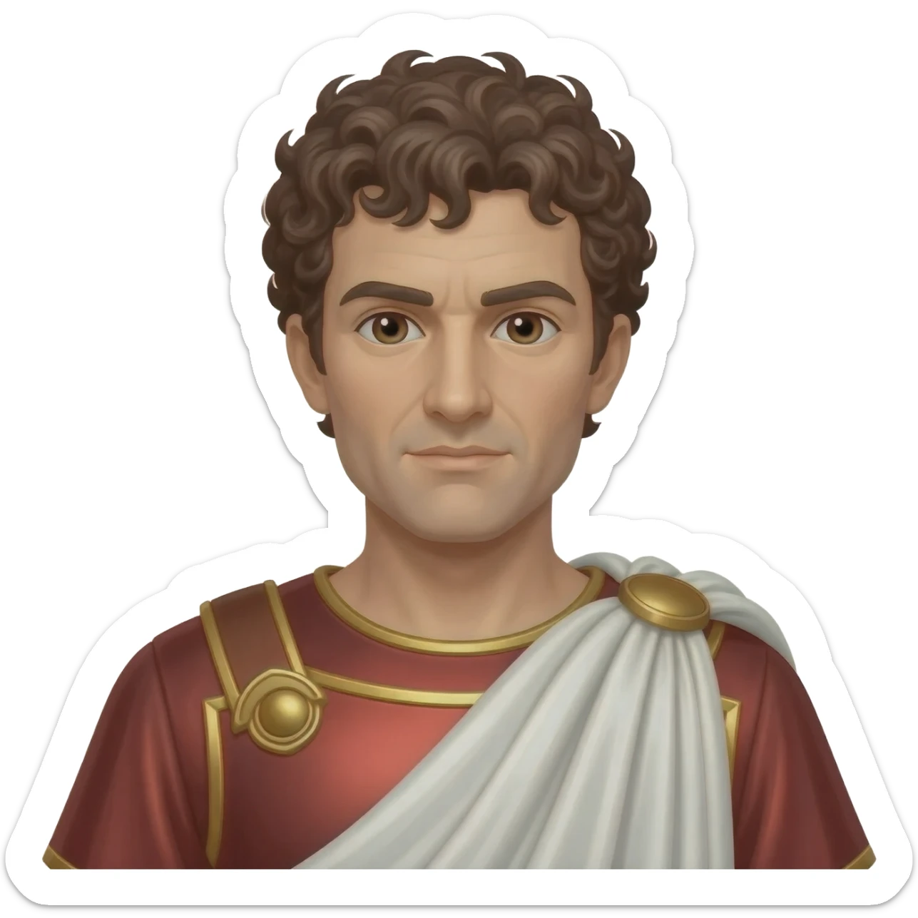 Mark Antony from Rome Mythology with dark brown eyes, dark brown curly hair, red metallic tunic, white metallic toga sticker