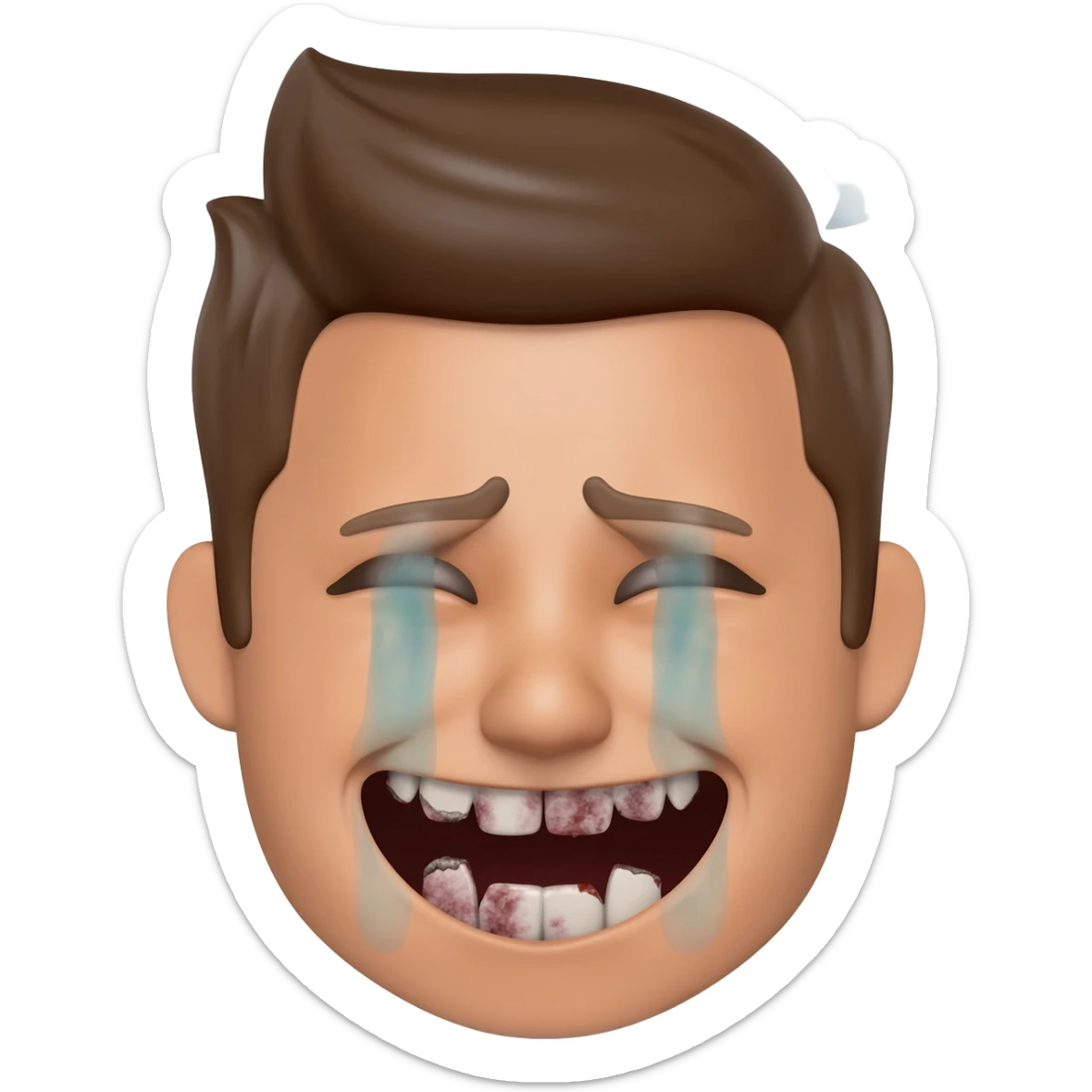 Crying laughing face with rotten teeth with a text bubble beside it saying kywaa / pablo and it is super realistic sticker